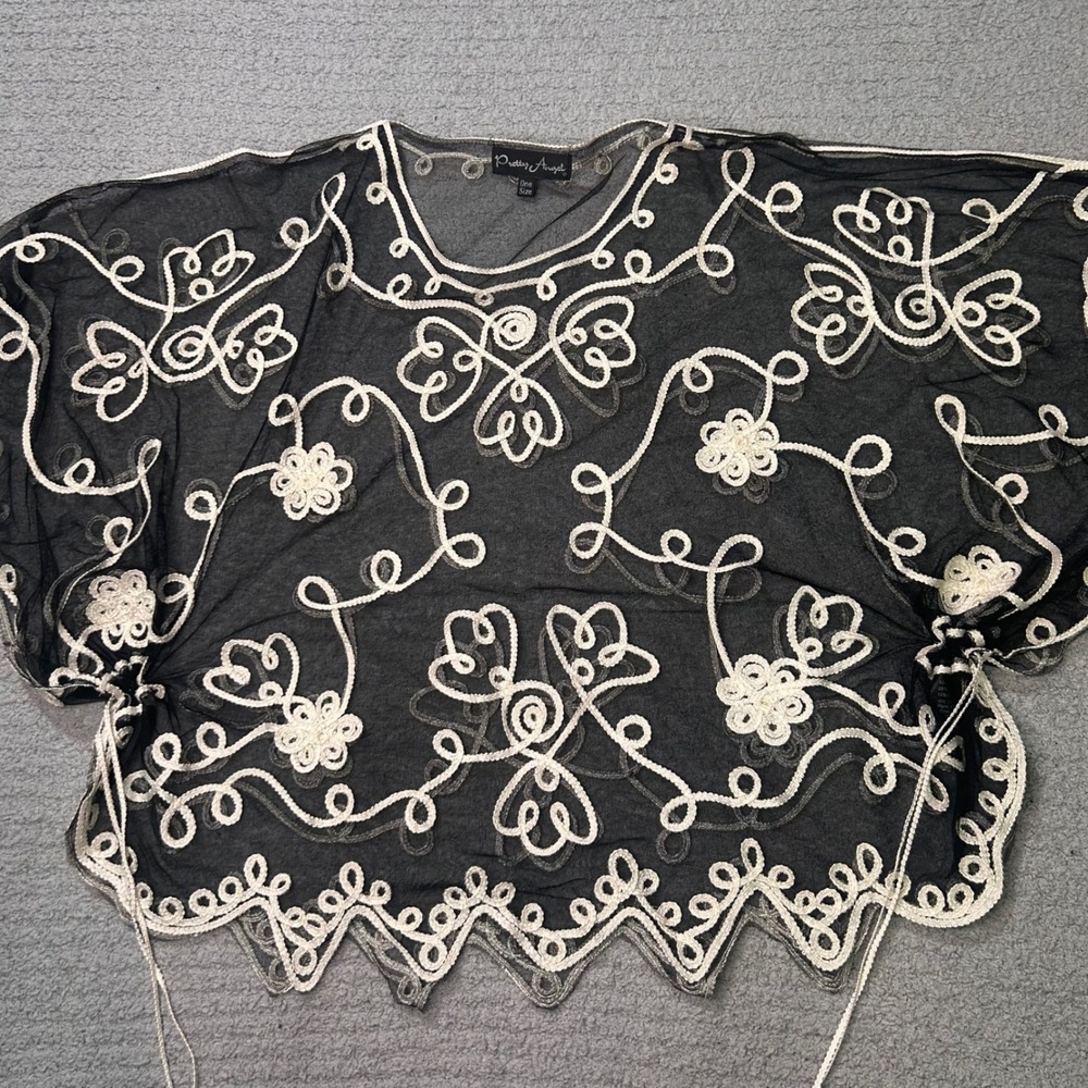 Pretty Angel Poncho Top OS Black Silk Mesh Embroidered Fairycore Boho Whimsical
